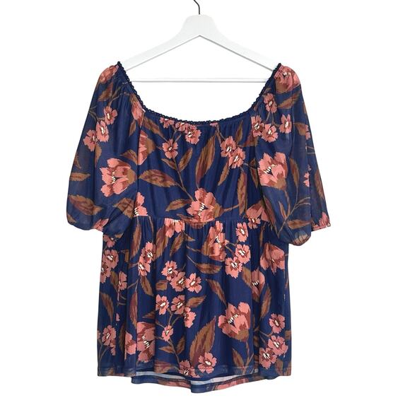 Daniel Rainn Mesh Floral Smocked Babydoll Top In Indigo Blue - Picture 6 of 6